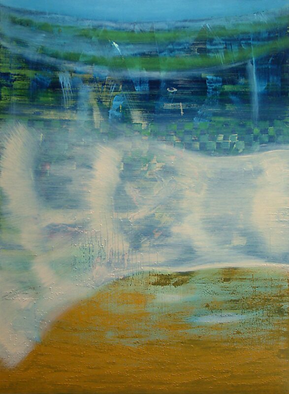 The Canvas and I — oil painting in which broad horizontal brushstrokes flood a landscape; pale, ghostlike contours drift through a blue-green space, as if emotion rolls across the canvas like a wave.