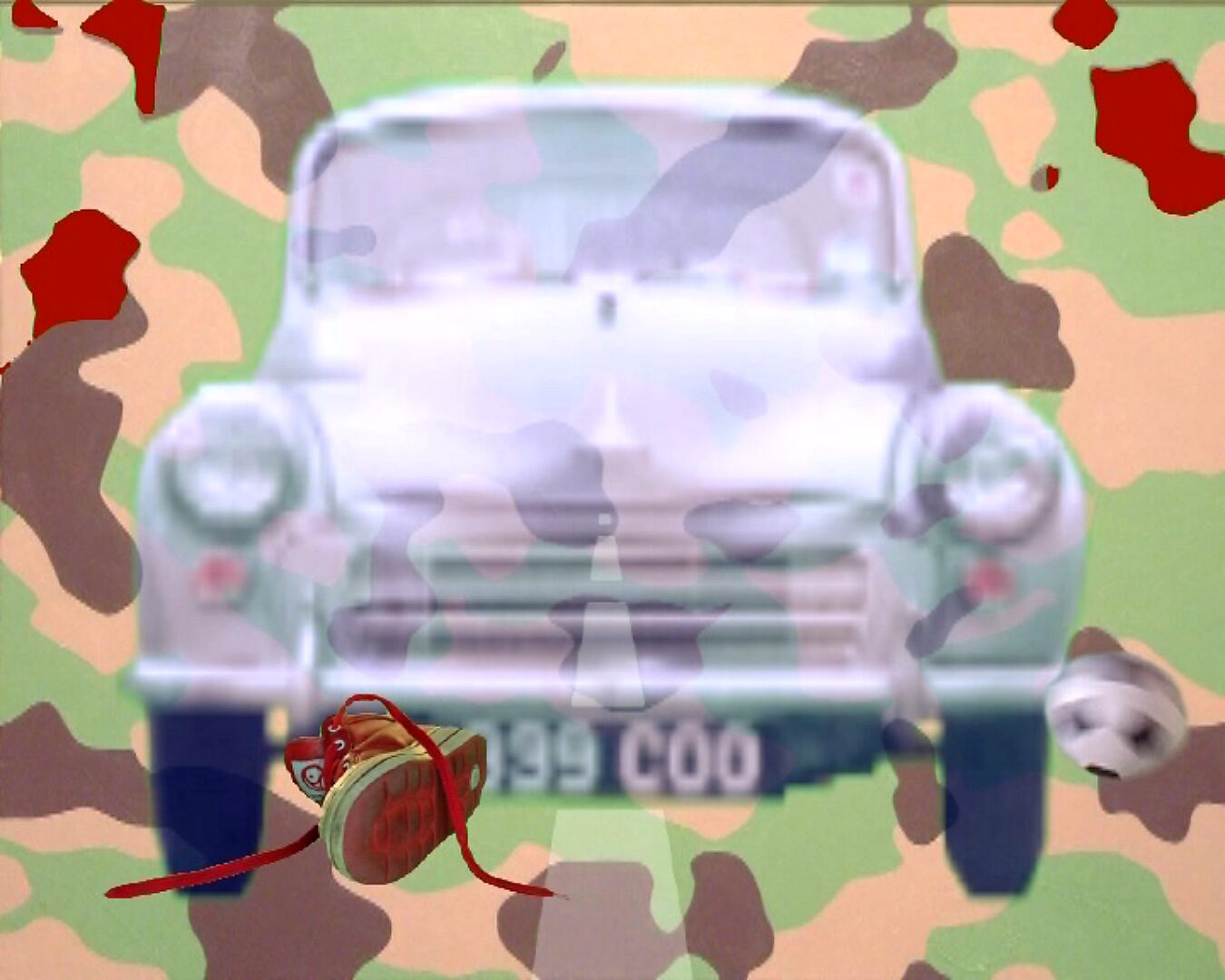 Movement and Stillness — Kids Don’t Wear Camouflage — video still in which the car remains central while the red shoe lies in the foreground and a football shape shifts toward the right edge of the frame.