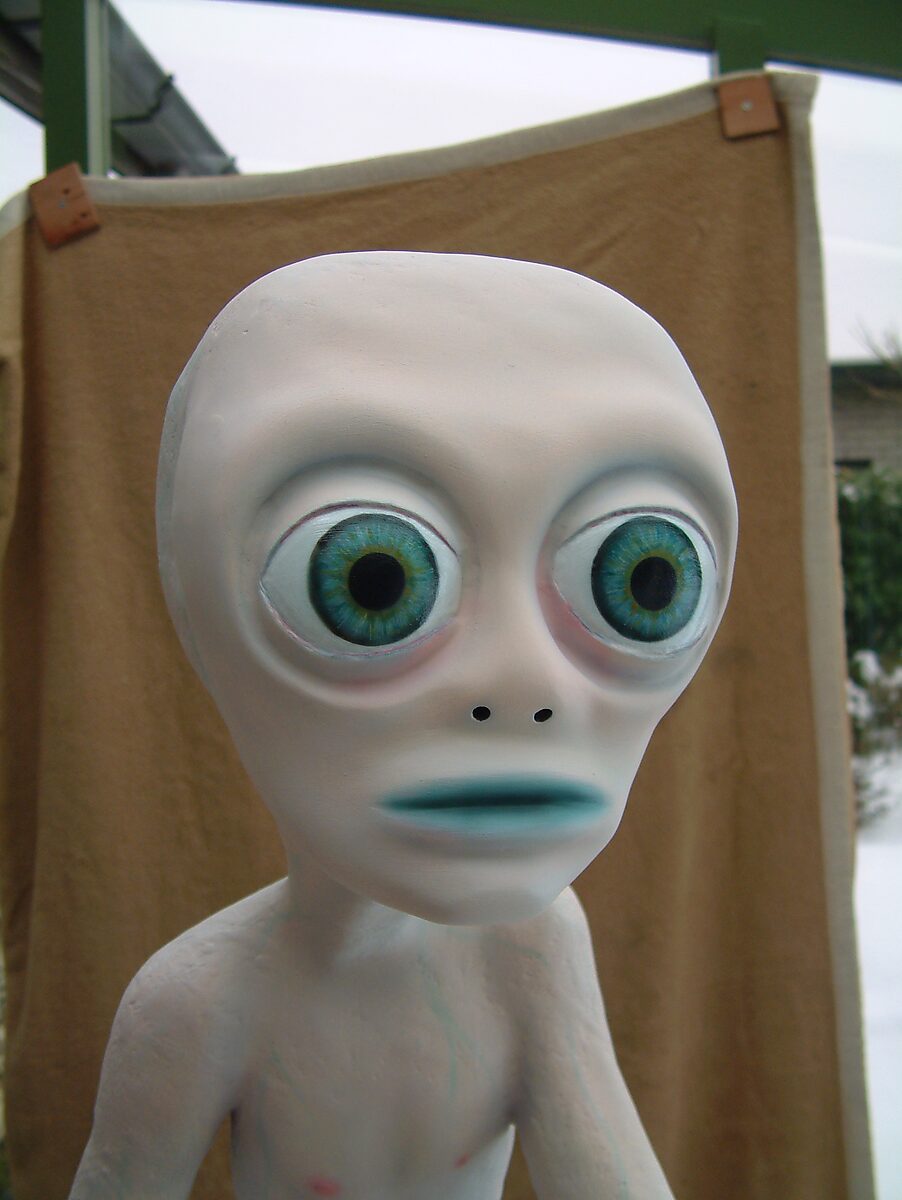 Buitenaardse zorg — close-up: gezicht van de alienfiguur met grote blauwgroene ogen, kleine neusgaten en licht gekleurde lippen.