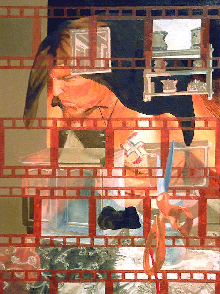Information Overload, Cutting History — a portrait of a figure with a Hitler-like hairstyle is overlaid with red film strips; fragments of an interior with a toilet, a hand holding scissors and several inserted image frames appear in the composition.