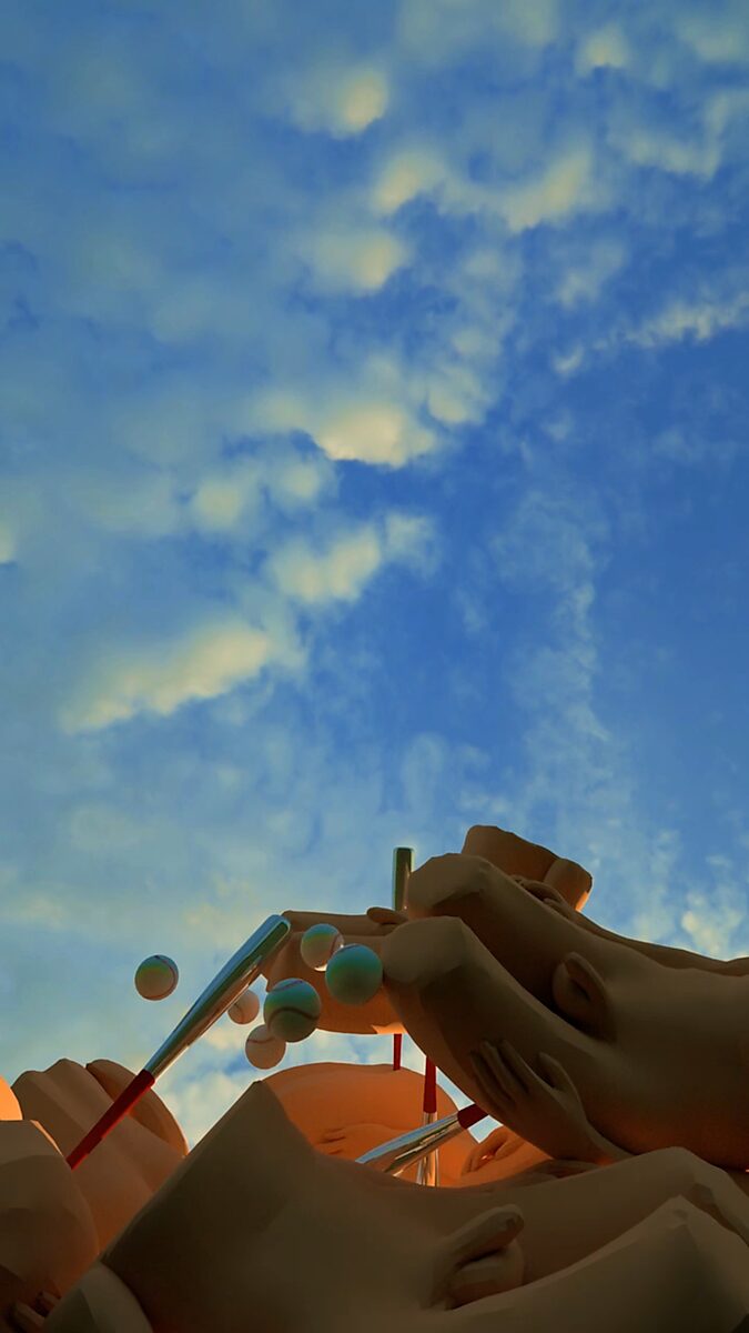 Butt’s, Bats and Balls — videostill waarin de fragmentatie van het lichaam centraal staat; armen, torsovormen en zwevende ballen vormen samen een circulair systeem tussen spel, geweld en choreografie.