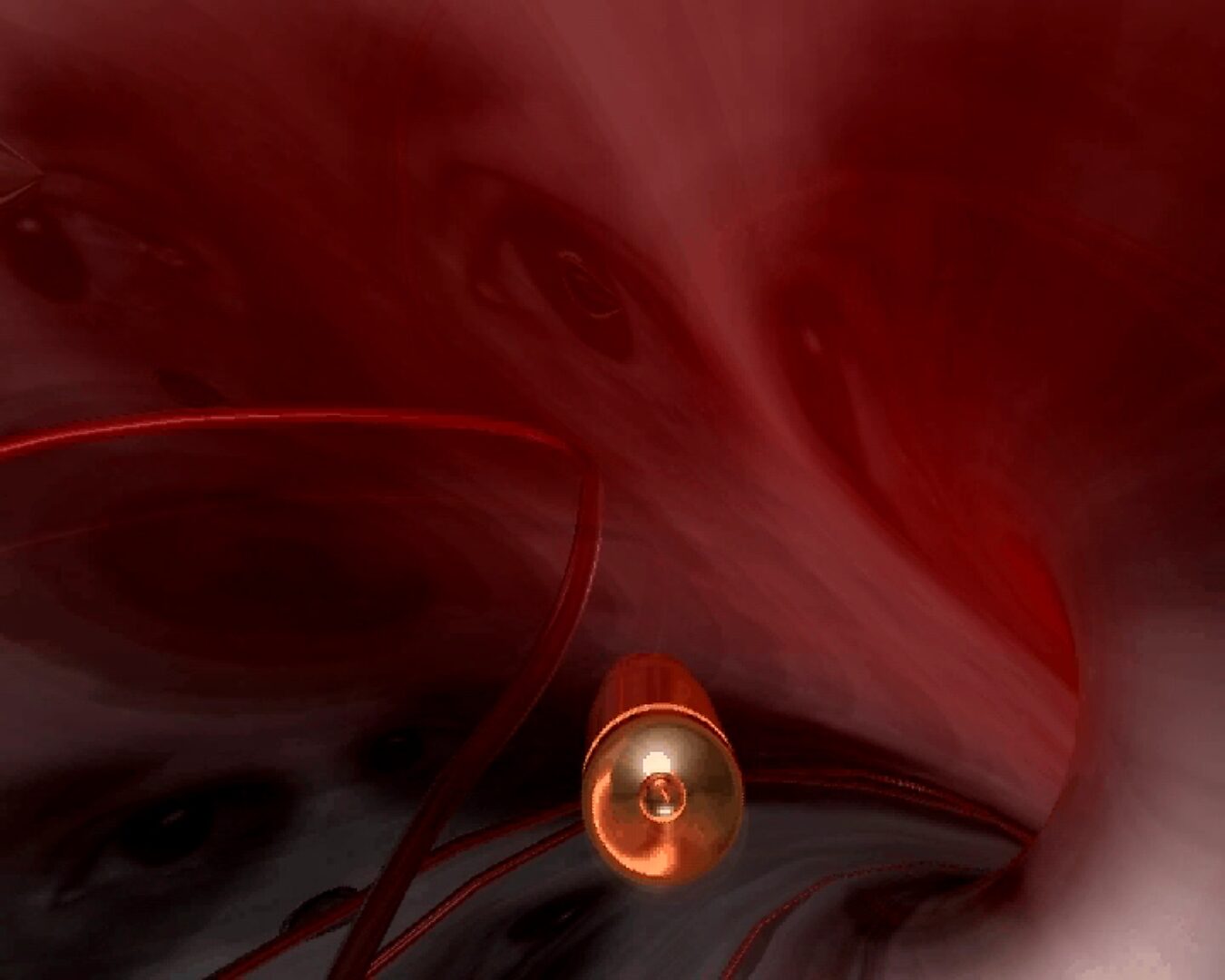 Virtual Transformation — The Path of the Bullet — video still of a 3D animation with a bullet navigating through winding red structures.