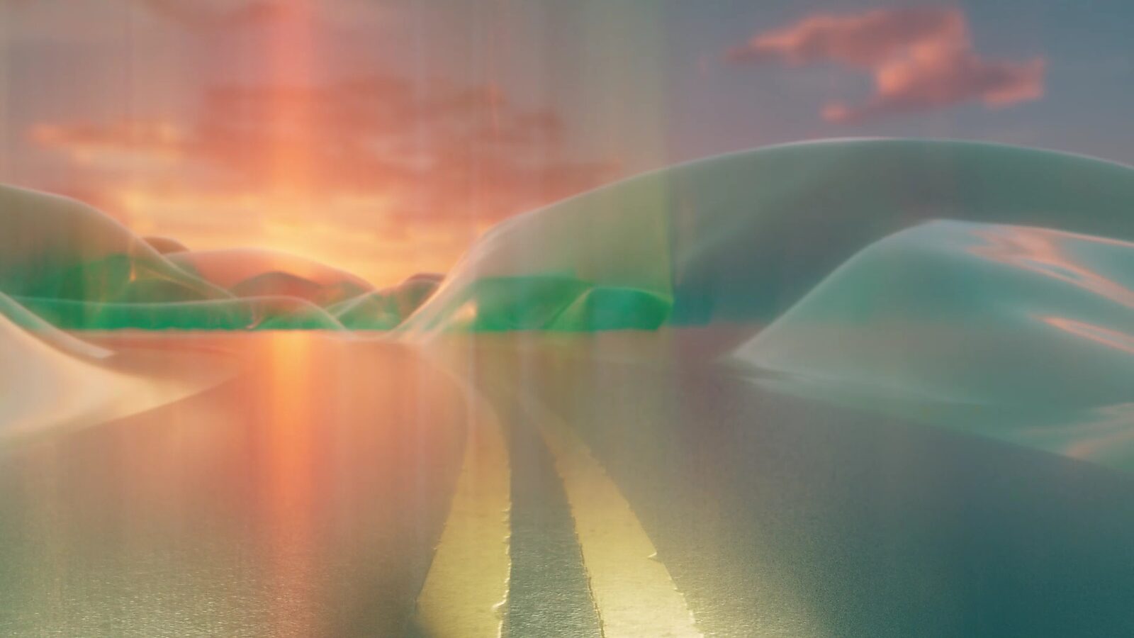 Virtual Transformation — Reversing Landscape: video still from a 3D animation; the road bends and partially disappears beneath translucent, glossy forms sliding across the surface like a reversed movement through space.