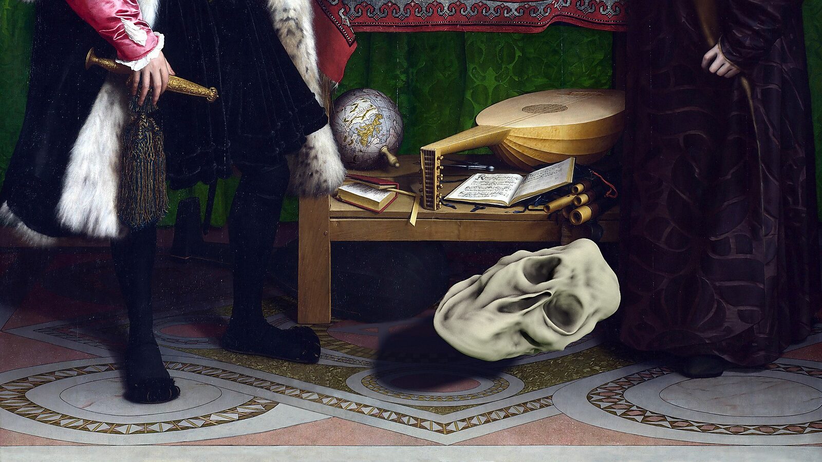 Virtuele transformatie — De ongrijpbare schedel — videostill van een 3D animatie waarin een langgerekte schedelvorm door de ruimte glijdt, refererend aan de anamorfische schedel in De ambassadeurs van Hans Holbein de Jongere.