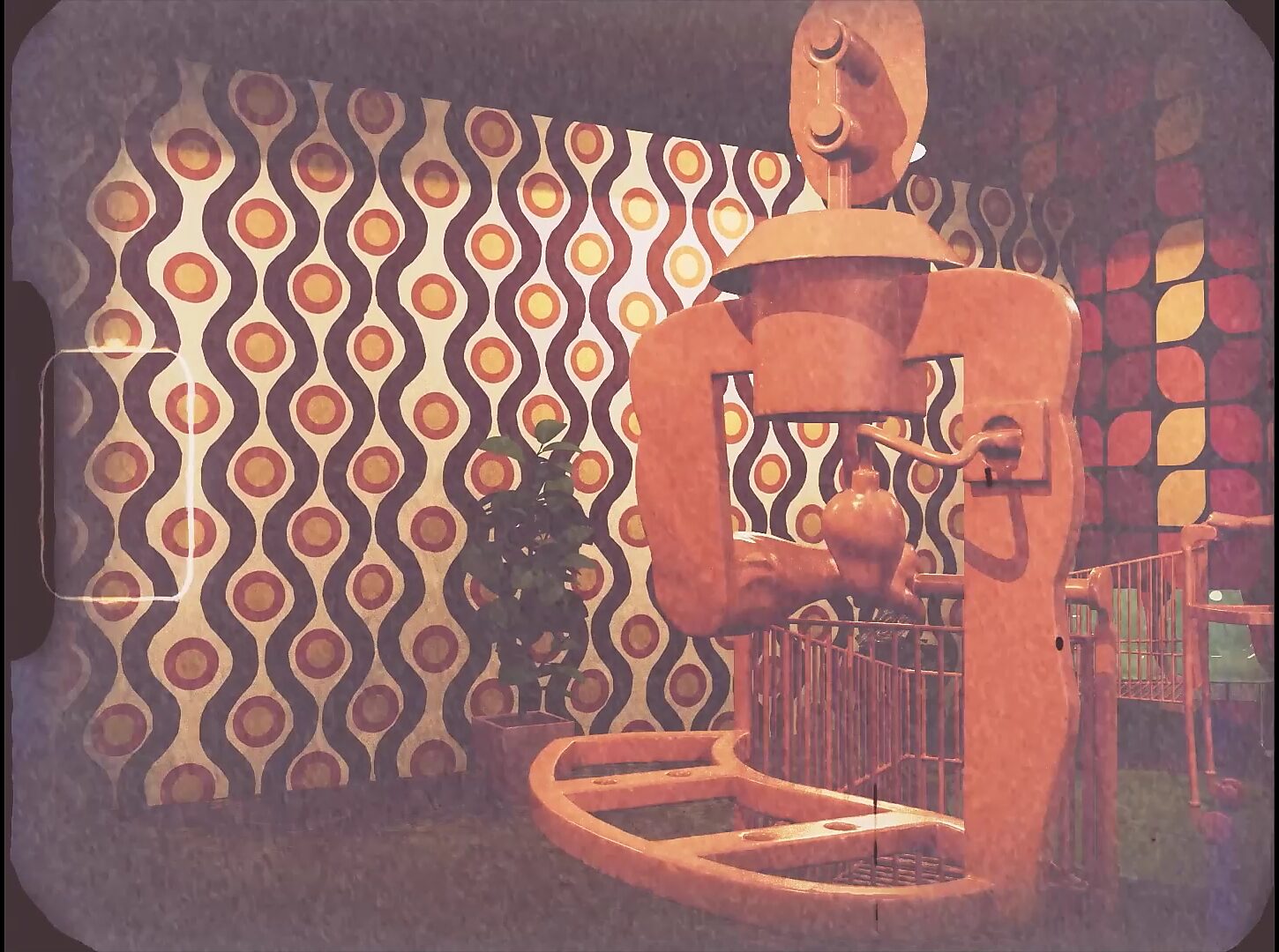 Videostill uit een 3D animatie met detailzicht op een vintage cyborg winkelkarfiguur tegen een grafisch retrodecor met warme cinematografische belichting.