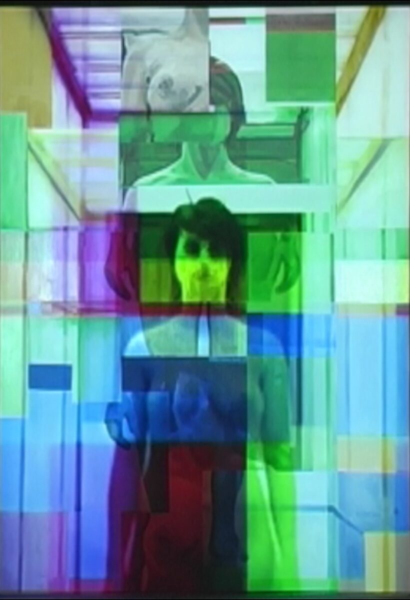 Living Canvas — Nu descendant par un ascenseur — video still where the fragments of the body align again and the figure briefly becomes more recognizable.