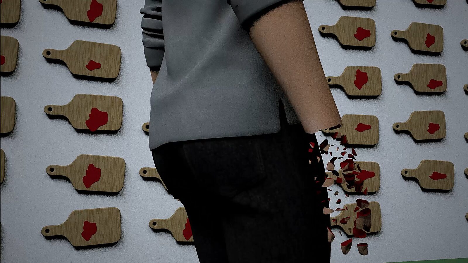 De snijplank — videostill 3D-animatie: een close-up van de wand toont rijen snijplanken met rode vlekken, terwijl de arm van de figuur in fragmenten lijkt uiteen te vallen.