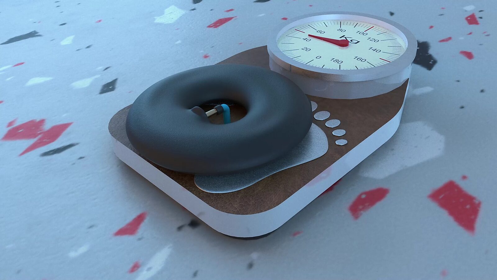 Het gewicht van lucht — videostill uit een 3D-animatie: de zwarte luchtzak ligt opgeblazen op een personenweegschaal terwijl een slangetje lucht naar binnen leidt en de wijzer van de schaal reageert.