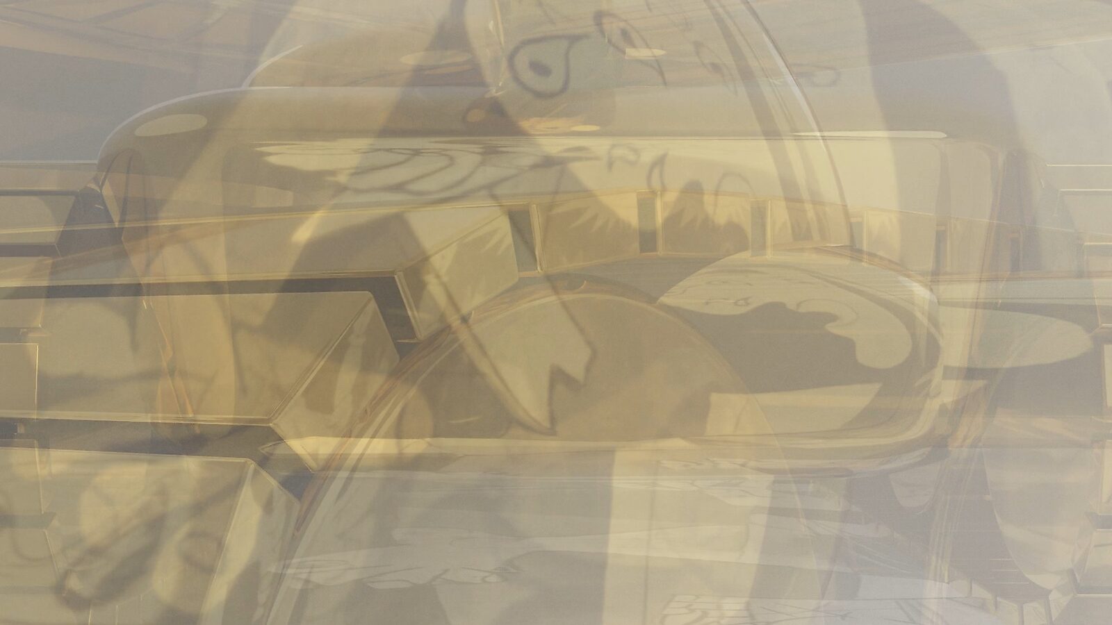Virtual Transformation — The Economy of Silence: video still from a 3D animation; elements of the iconic figures from Guernica distort and fade among glossy, geometric layers.