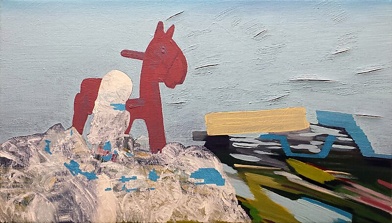 Slow Paintings — Skull and Rocking Horse — oil painting featuring a red rocking horse emerging from a thick, cloud-like paint layer; the landscape is broken into broad, shifting colour planes.