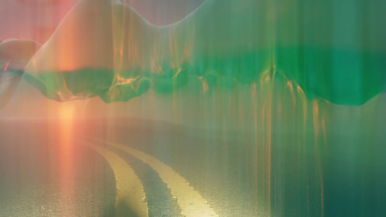Virtual Transformation — Reversing Landscape: video still from a 3D animation; the landscape continues to deform as warm red-orange flares and vertical streaks enter the scene, as if time and direction are shifting.