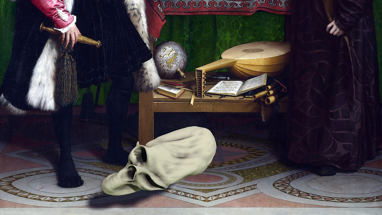 Virtuele transformatie — De ongrijpbare schedel — videostill van een 3D animatie waarin een schedelachtig object zich uitstrekt boven de vloer, in dialoog met de perspectivische vervorming van Holbeins schilderij.