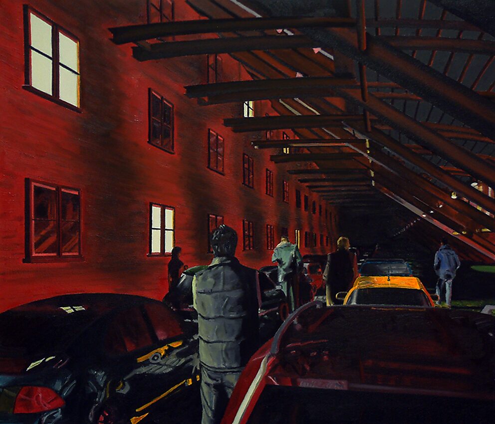 The Modern Cavemen — Indoor trafficjam: driver view — eye-level perspective among the cars; the red façade with illuminated windows and the metal supporting structure span the scene, while drivers and pedestrians stand still in a claustrophobic interior s