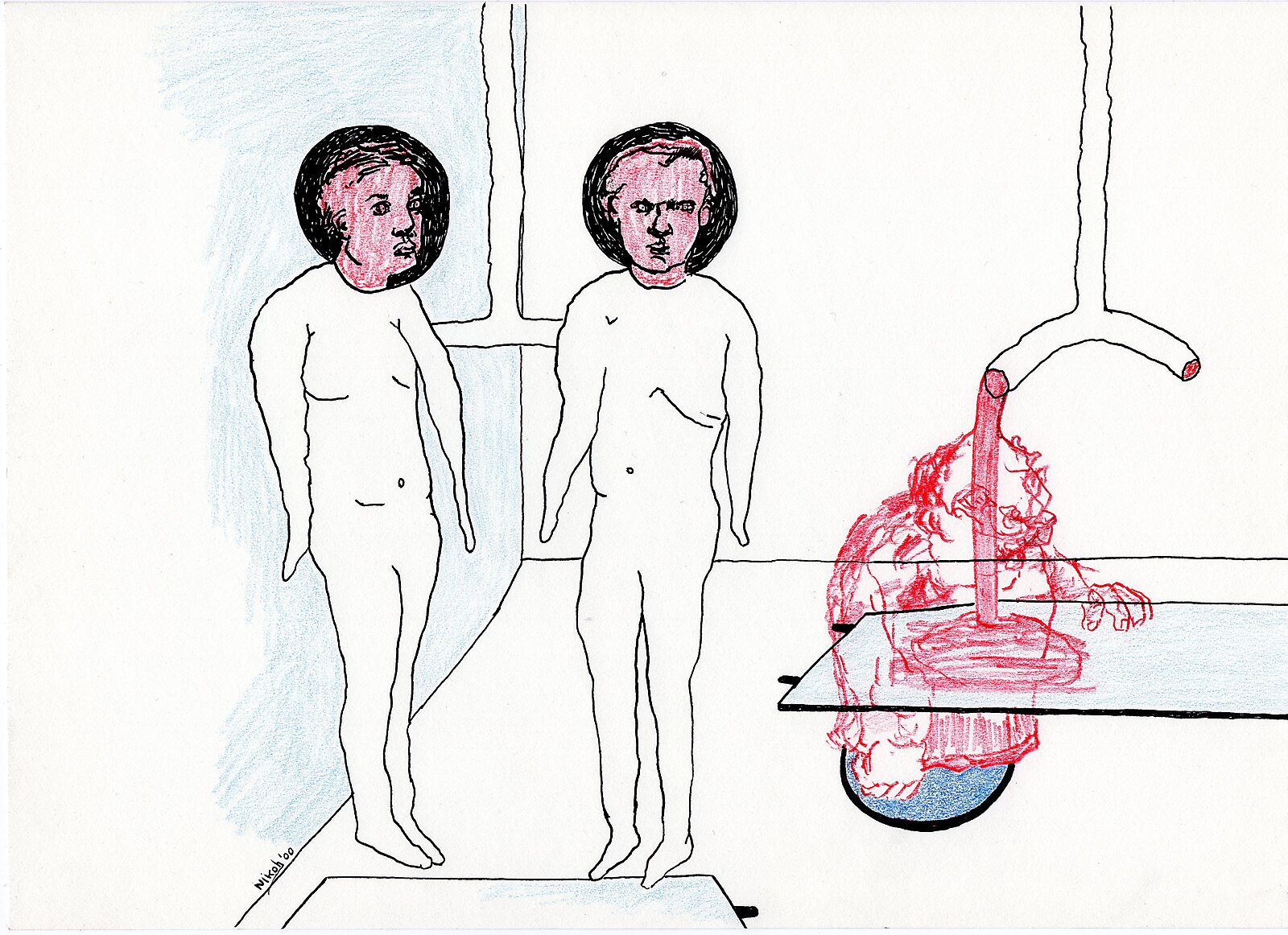 Drawings — Year 2000 — drawing of two nude figures with dark circular hair shapes standing side by side; on the right a transparent red figure stands beneath a faucet above a table.