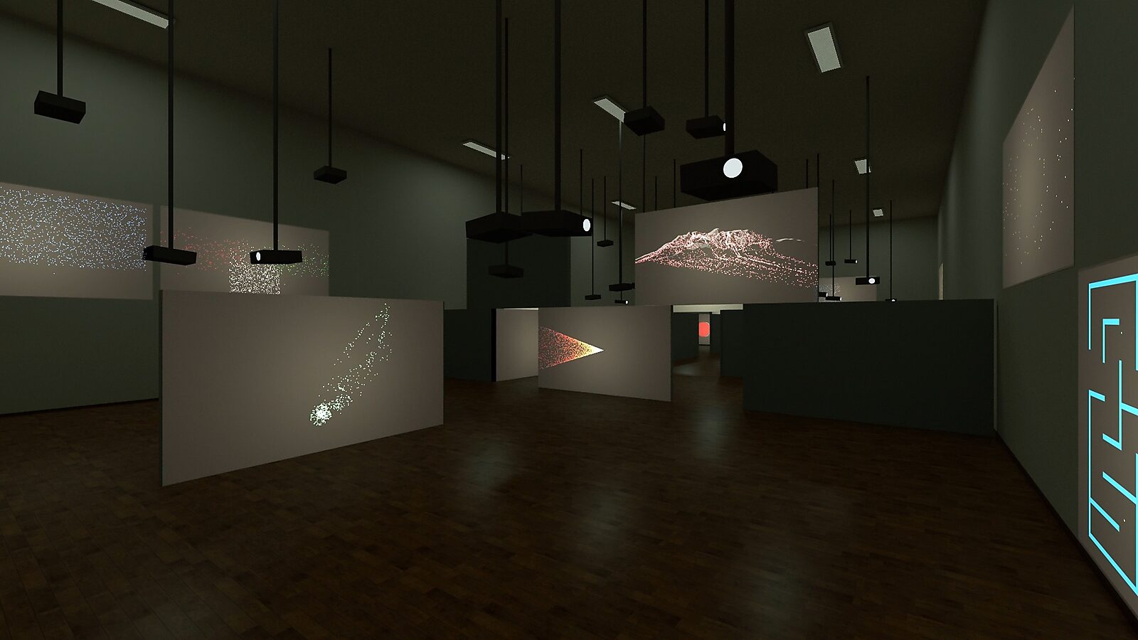 Virtual Transformation — Form of a Passage — video still of a 3D animation in which projections of dots and lines spread across walls and panels, creating multiple visual fields.