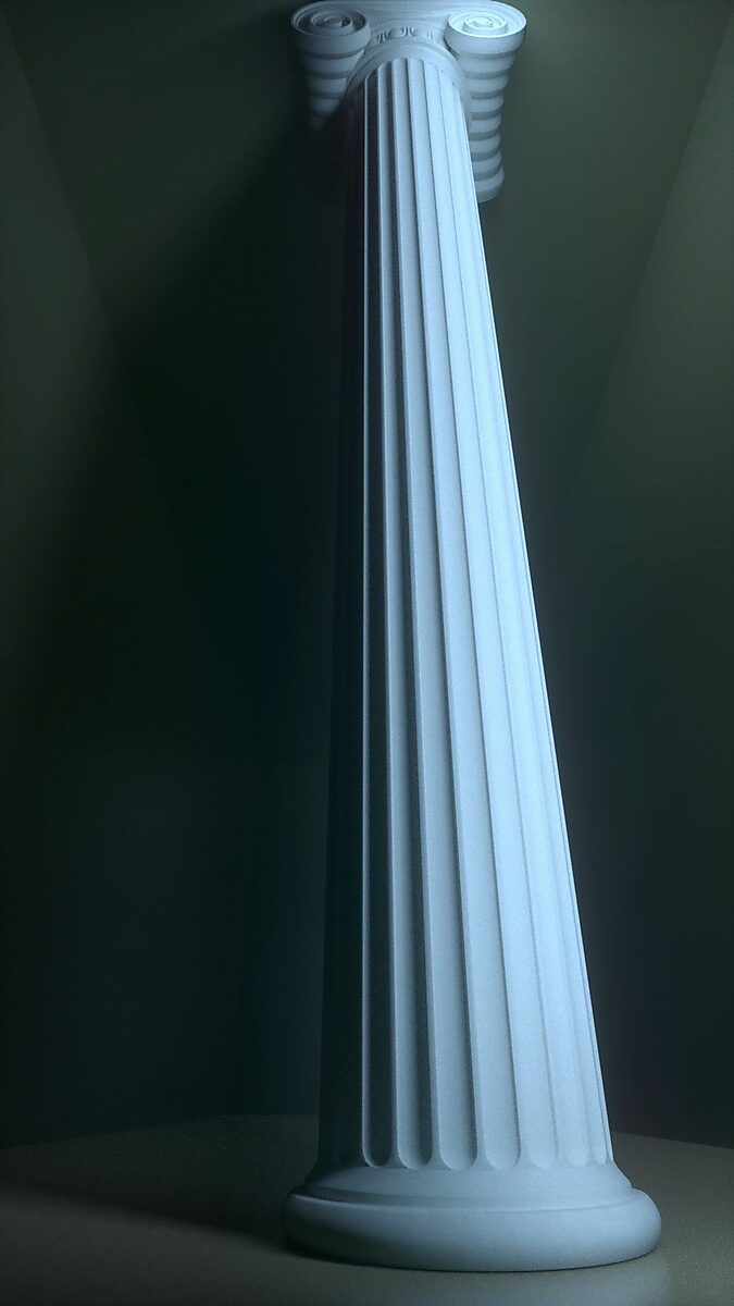 Virtual Transformation — Spiral of Power: video still from a 3D animation of a classical column; the vertical flutes begin to twist subtly, while cool blue light and deep shadow sculpt the form dramatically.