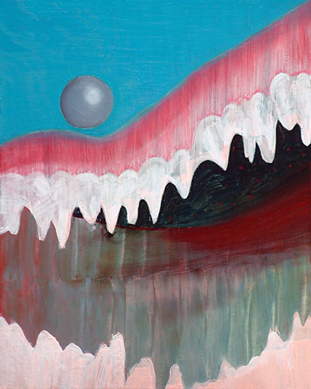 The Canvas and I — oil painting in which a jagged, tooth-like horizon meets a reflective water surface; a grey sphere floats against a bright blue field, while pink and black paint bands tilt the landscape between abstraction and menace.