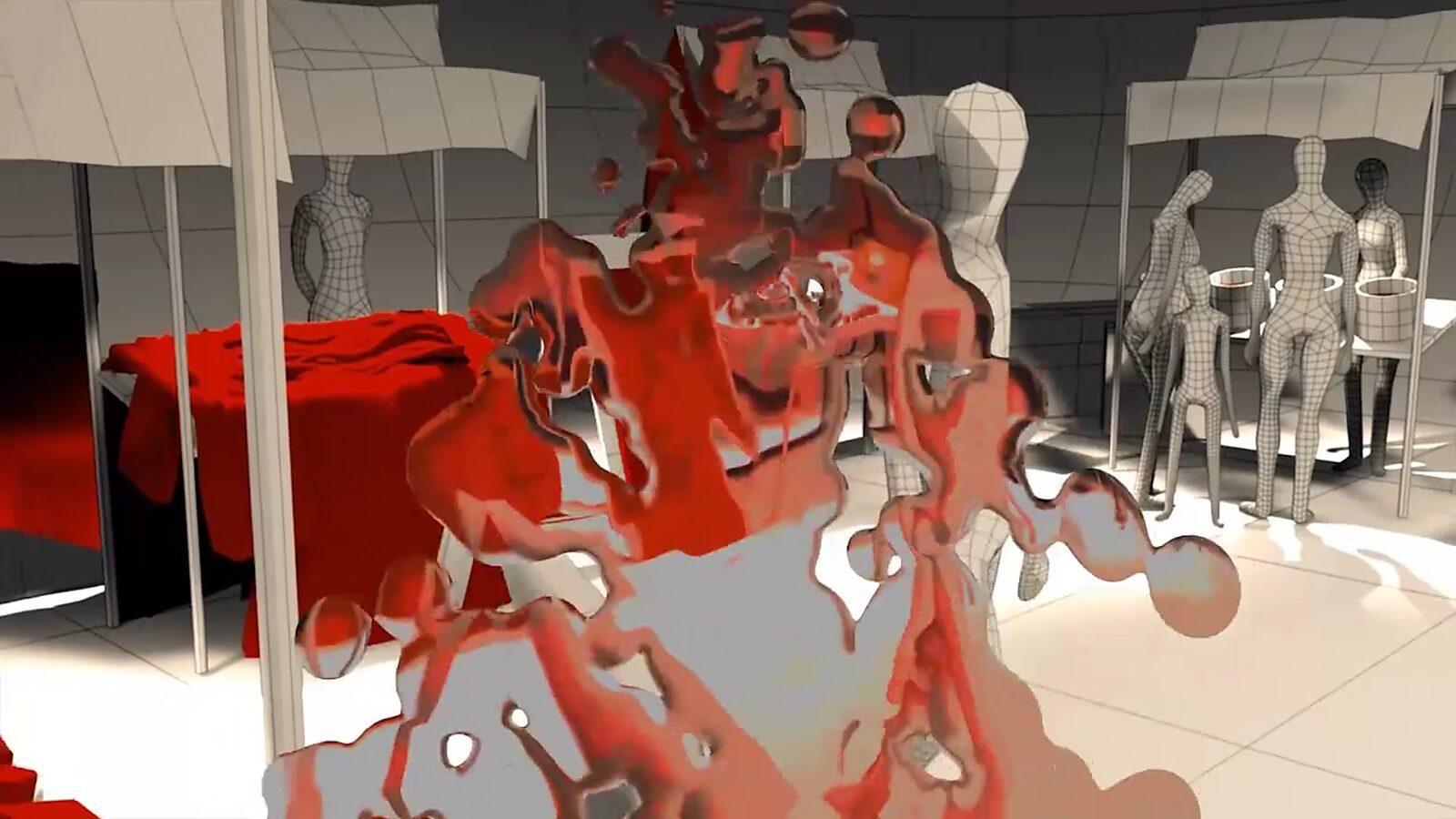 The Meat Market — video still in which the blood-red organic form stretches and deforms within a sterile, computer-generated architecture; the contrast between smooth polygonal models and raw red flesh emphasizes the reduction of the human body to a produ