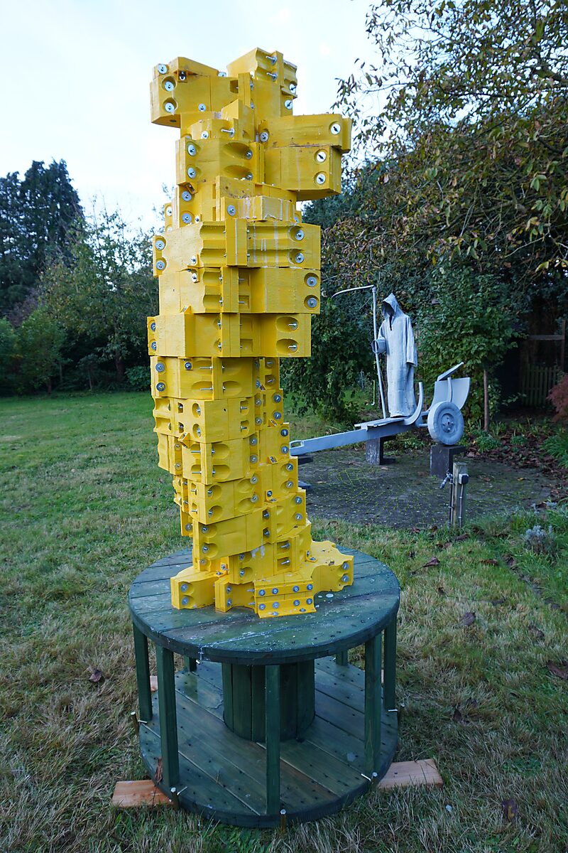 St. Sebastian with Birds No. 3 — process photo of the empty mould outdoors in the garden, mounted on a round platform without filling.