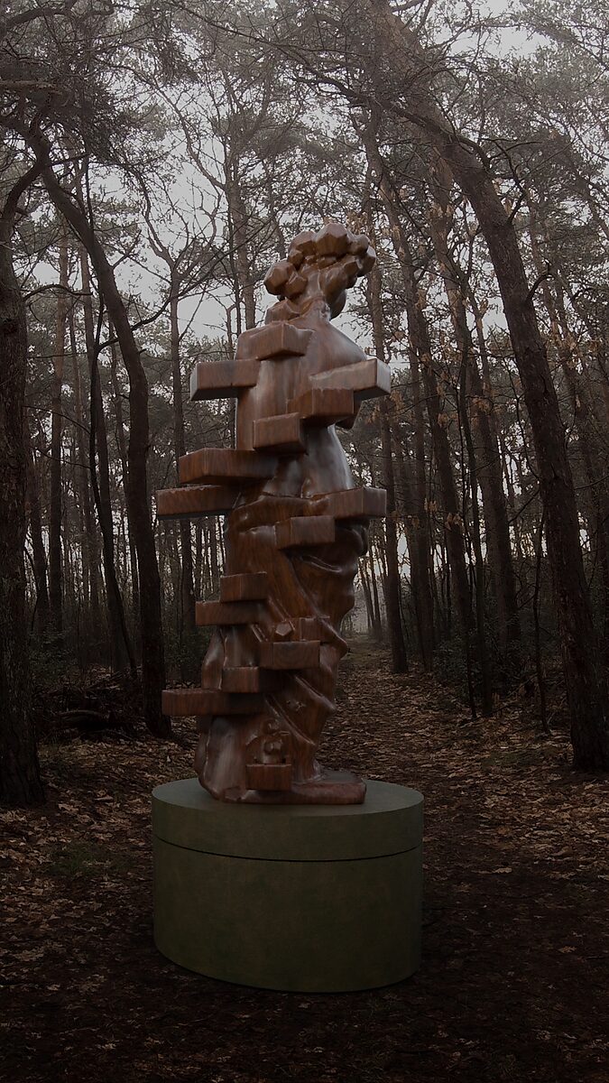 Virtuele transformatie — De lades van Venus: videostill uit een 3D-animatie, variatie op Dalí’s Venus van Milo met laden; de figuur draait licht en de uitgestulpte vormen vermenigvuldigen zich, waardoor het lichaam gefragmenteerd en modulair oogt.