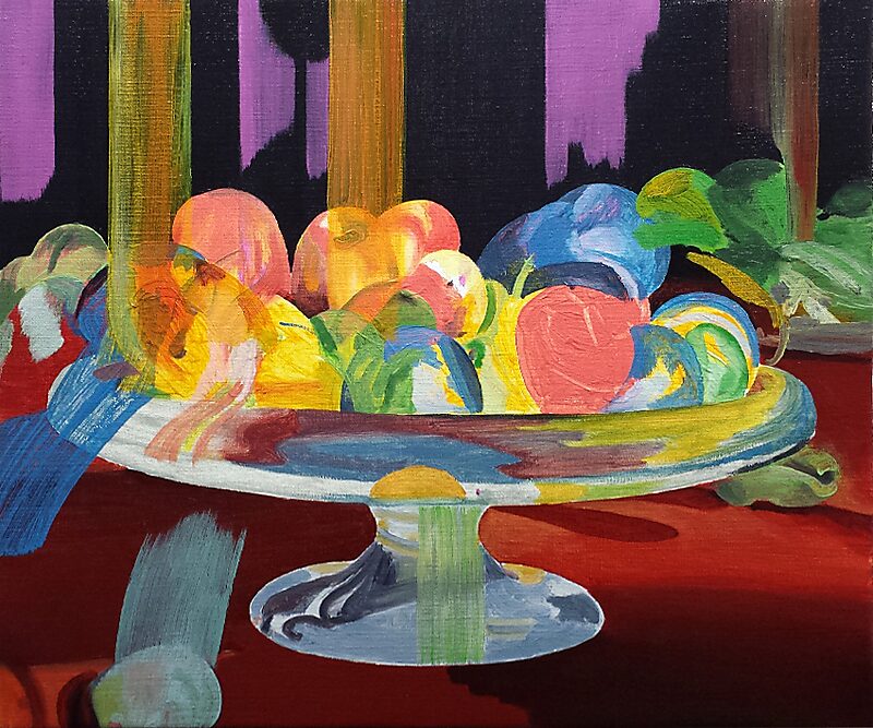 Slow Paintings — The Fruit Bowl — oil painting with brightly coloured fruits in a shallow bowl; translucent vertical paint streaks run through the image, disturbing the still life with a slow, layered movement.