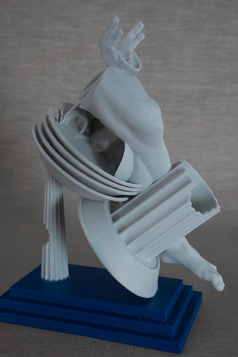 The Columns of Ovidius — Erysichthon — 3D-printed sculpture showing a twisted human body enclosed by ring-shaped elements and a column structure on a blue pedestal.