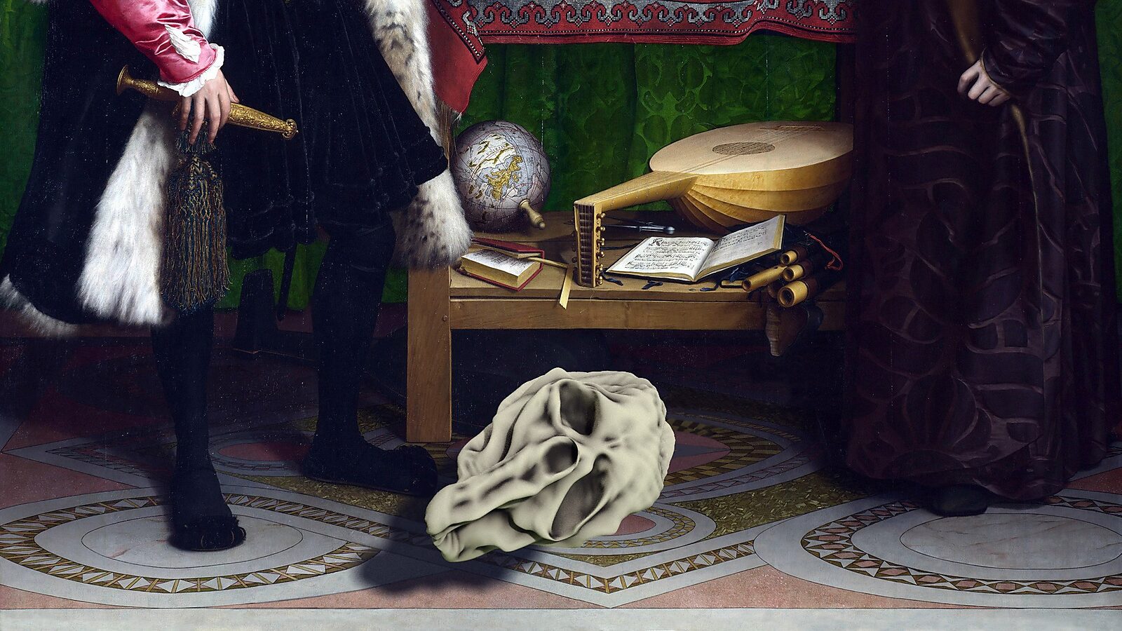 Virtual Transformation — The Elusive Skull — video still of a 3D animation in which a skull deforms and rotates against the background of The Ambassadors, where science, art, and power converge.