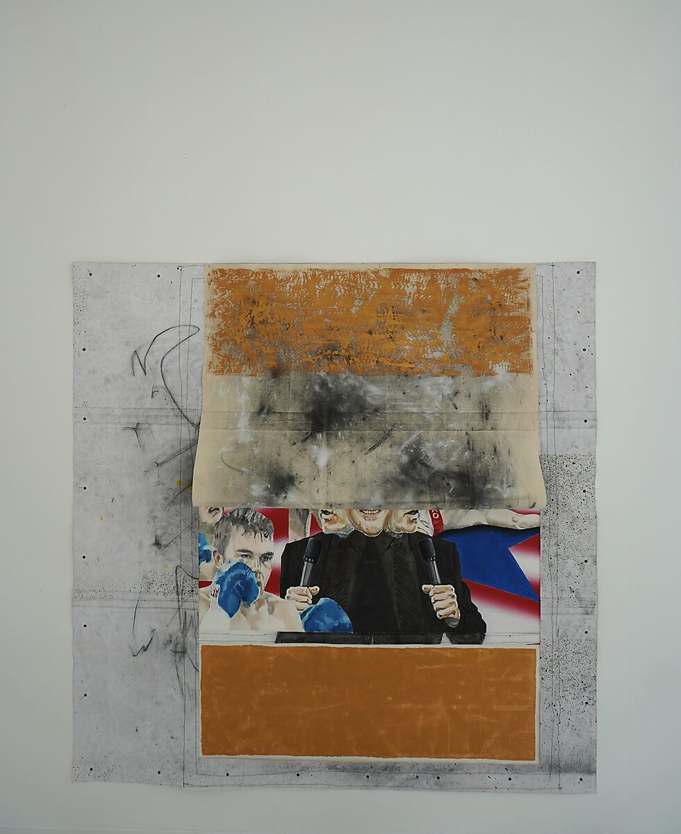 Television Series, Noise Preacher — when the canvas is partially opened, a fragment of the painting You with Your Beauty You Just Knocked Me Out appears beneath the layer of noise, showing television imagery of a boxer and a presenter.