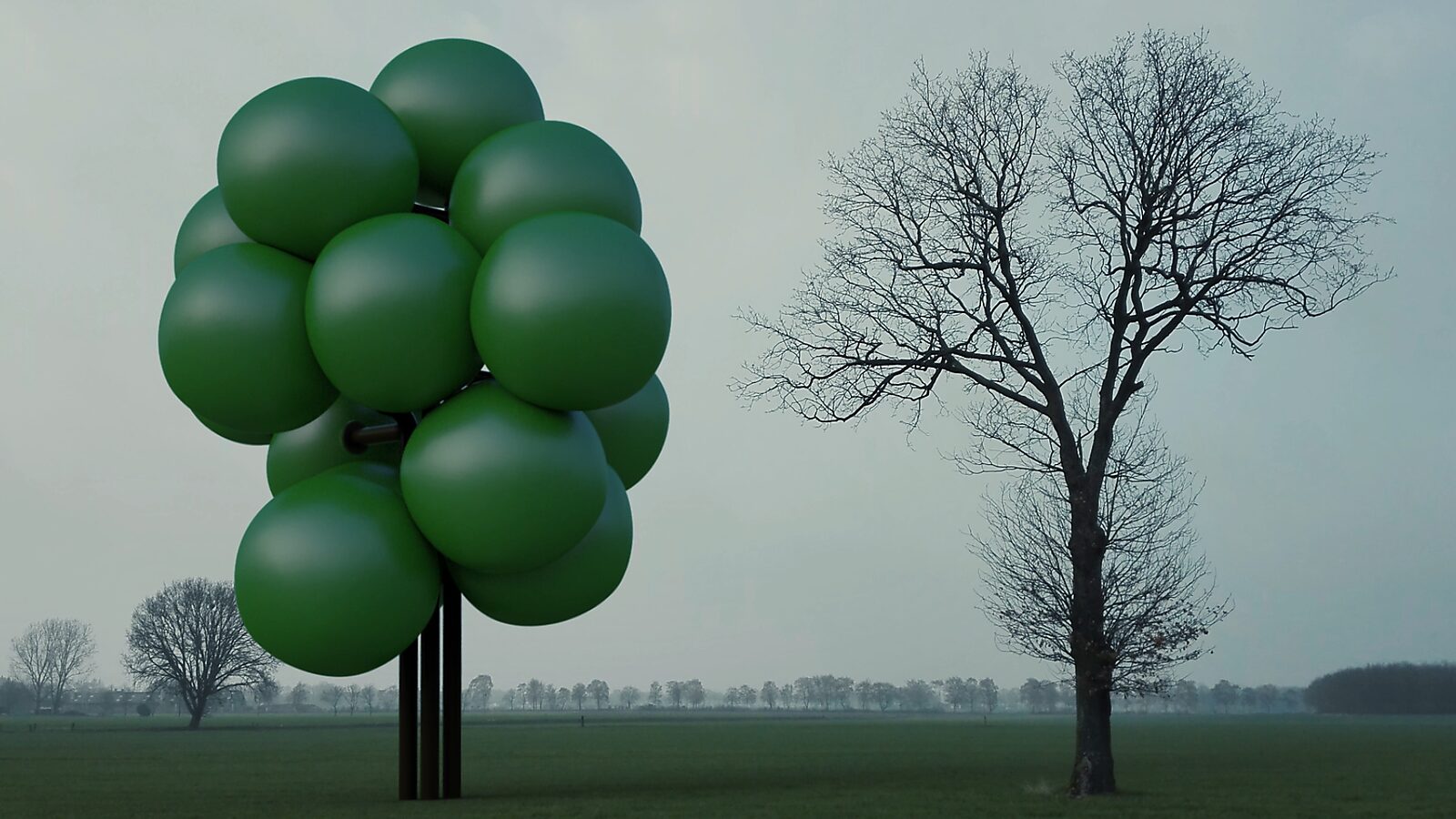 Airy Trees — Artificial Pains of Growth, 3D animation videostill: the black tree structure becomes fully enveloped by a compact cluster of large green spheres, while the real tree beside it remains bare in the landscape.