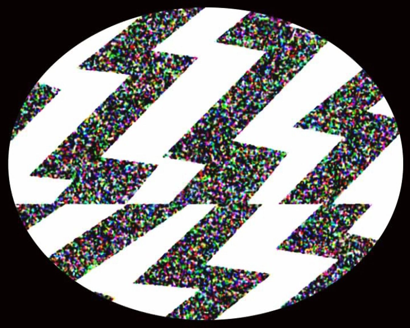 The Modern Cavemen — abstract television static fills the circular frame; a repeating zigzag pattern is covered with multicolored noise, marking the transition from recognizable scene to pure digital interference.