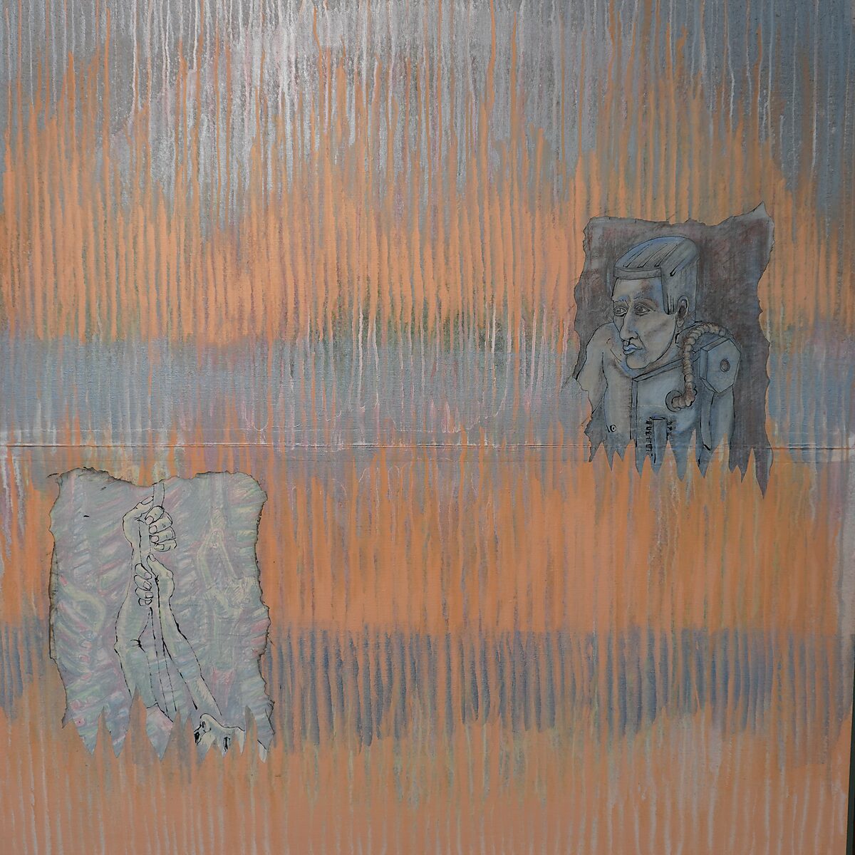Benoemens-waardvlinders — Naming–Value Butterflies — proces tekening: Robotman (1995) — kleine fragmenten van de robottekening en een stukje naamlabel worden op een donkere achtergrond geplaatst.
