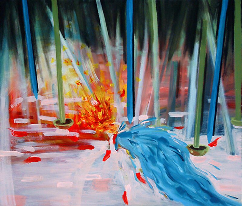 Het canvas en ik, The Canvas and I — olieverfschilderij met verticale, naaldachtige vormen die een explosieve botsing van water en vuur flankeren; blauwe en rode verfsporen snijden door het vlak en maken kracht en impact zichtbaar in het schilderproces.
