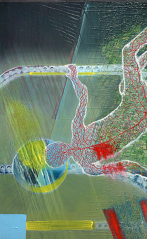 Het canvas en ik, The Canvas and I — olieverfschilderij waarin een half abstract lichaam met vertakte, rode lijnen horizontaal door het beeld snijdt; een gele cirkel en strakke lijnen kruisen een groenblauw vlak, alsof het canvas zelf weerstand biedt aan 