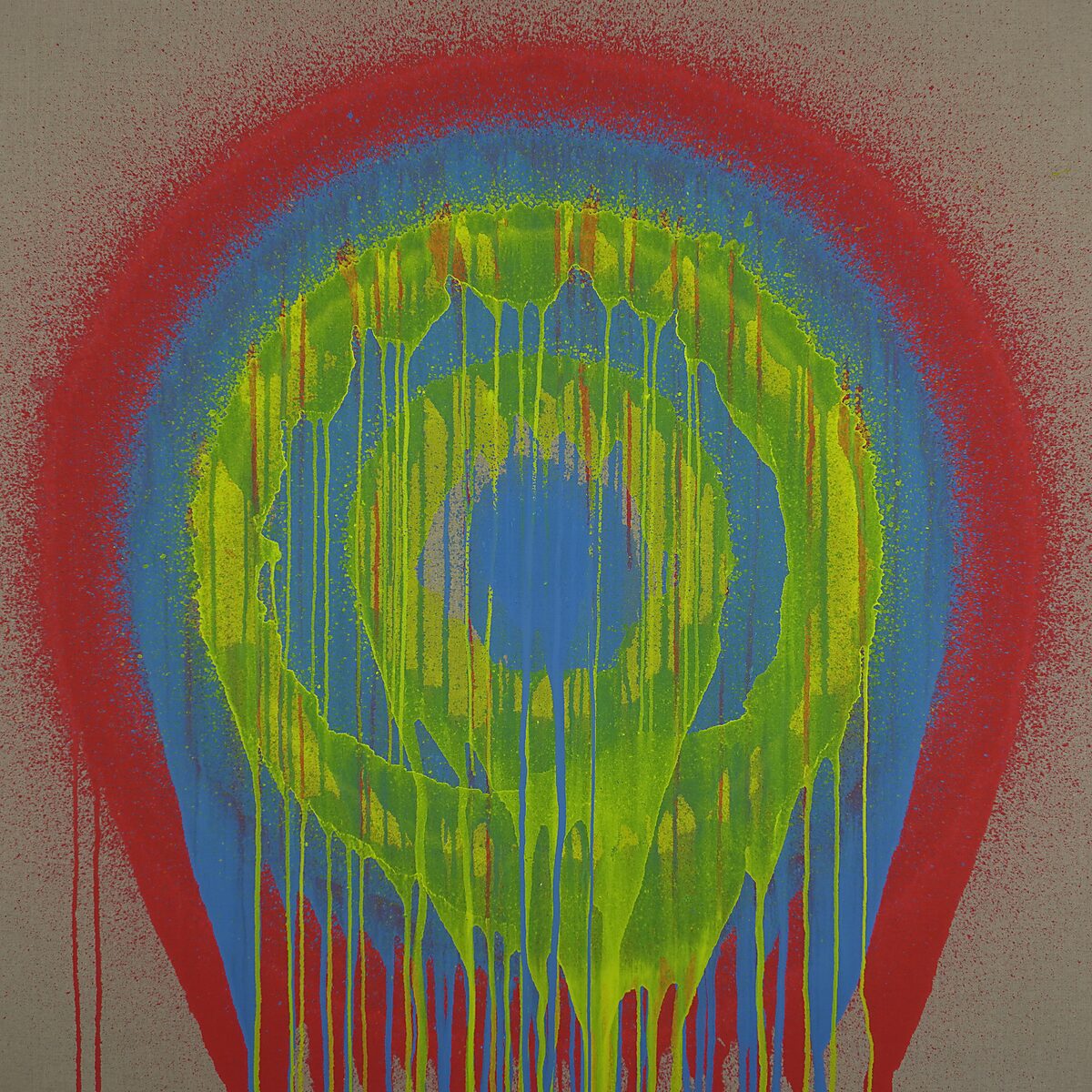 Melting Targets No. 3 — painting with blue and green concentric circles with yellow paint dripping downward.