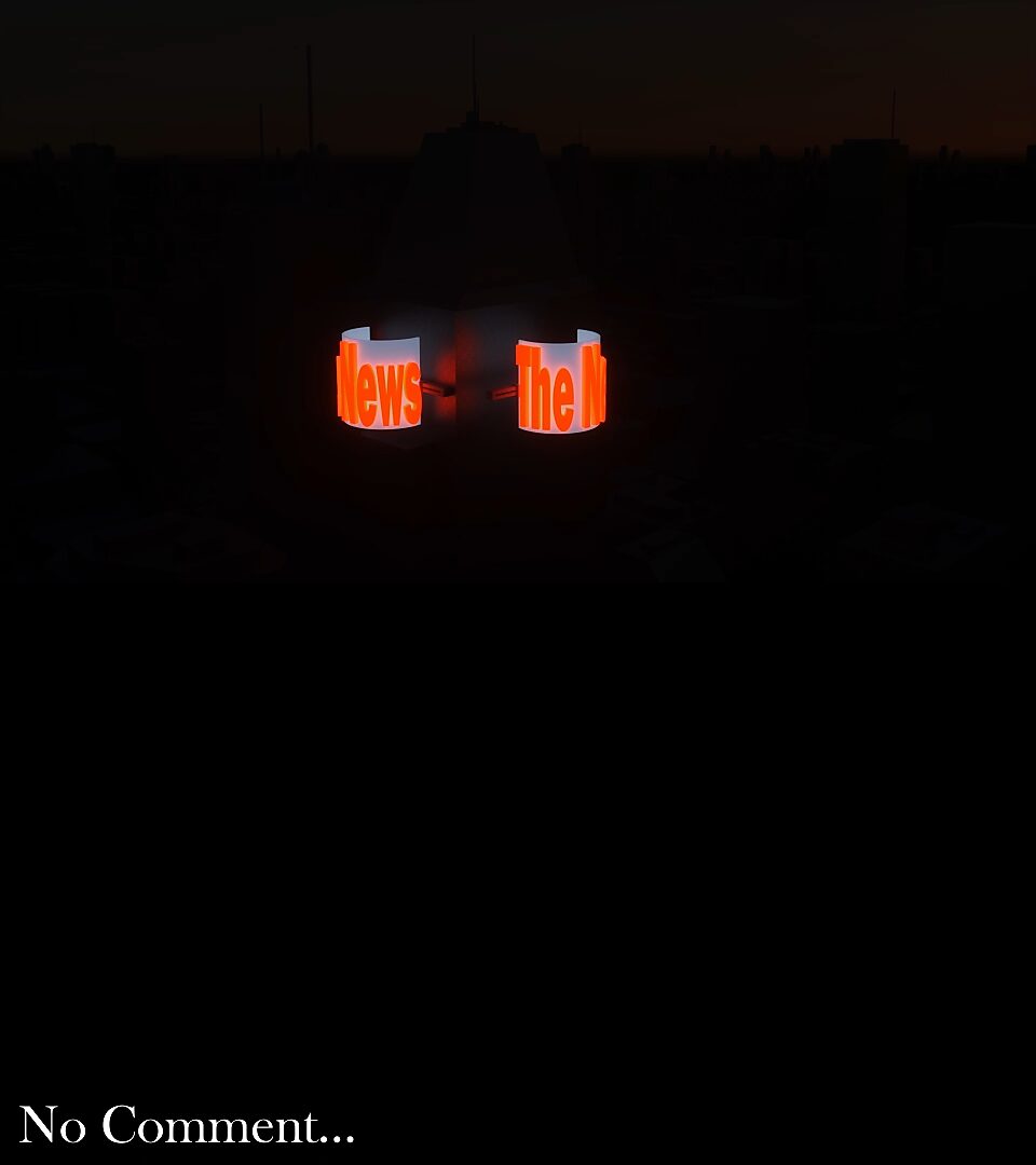 Apocalyptic News Distortions — 3D animation videostill: a skyscraper carries a glowing panel with the words “The News” lit in red within a dark cityscape; at the bottom the text “No Comment…” appears.