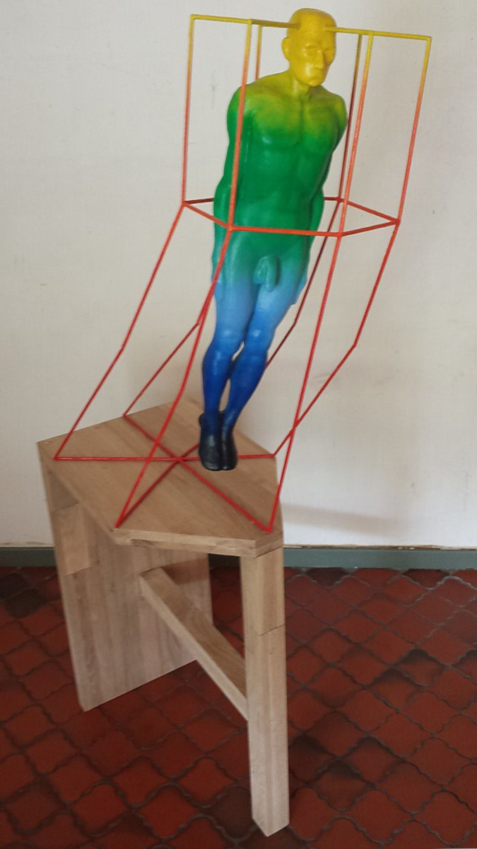 Mindcaging — detail view of the body within the linear construction, where the frame functions as a mental structure imposing direction and restriction onto the body.