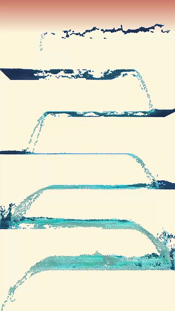 Virtual Transformation — Fluid Patterns: video still from a 3D animation; multiple layers of flowing lines appear, with the motion repeating and stacking into a rhythmic pattern of falling and bending water.