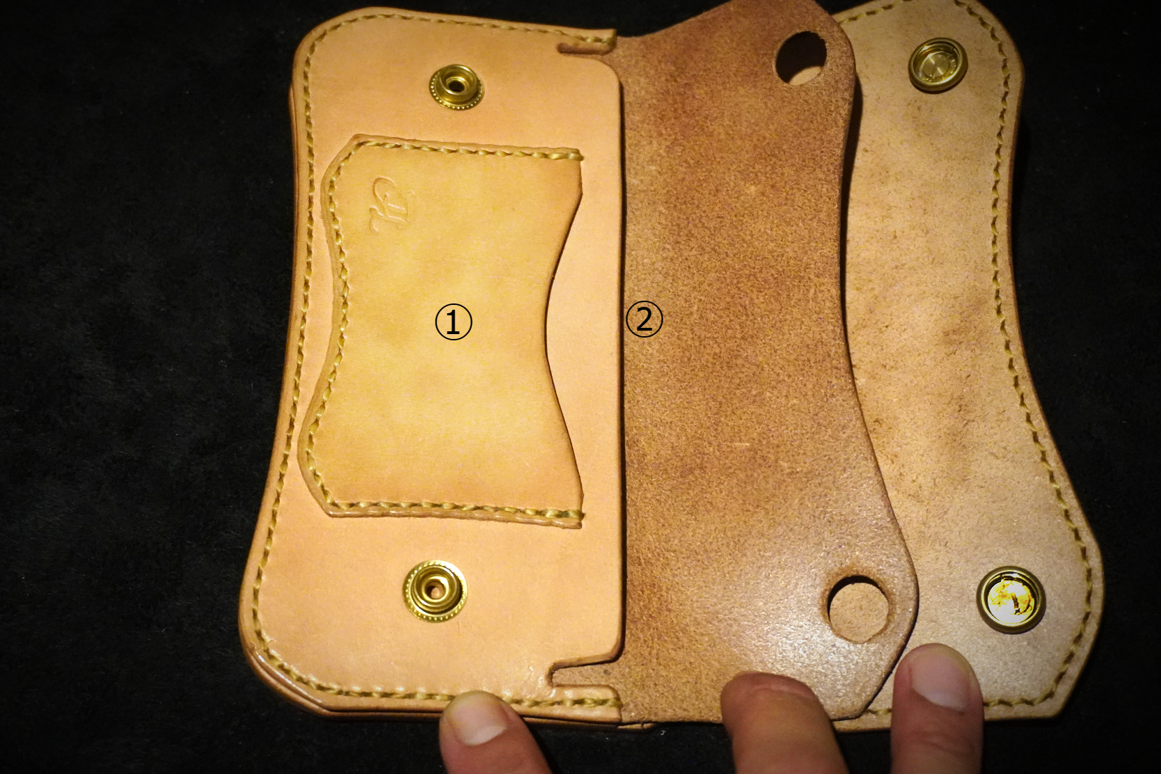 ①カード入れ　　Flat Lertherのウォレットは極厚で作られている為、ICカードを入れるのがおススメ。　　　②小銭入れ　　小銭入れのフラップはウォレットを閉じるとロックされる仕掛けになっている。
