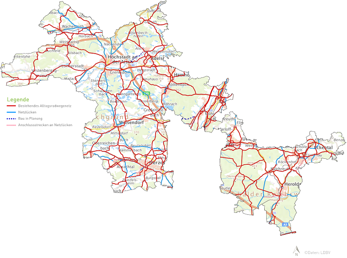 Bestehendes Alltagsradwegenetz, Netzlücken, Bau in Planung, Anschlussstrecken an Netzlücken im Landkreis Erlangen-Höchstadt