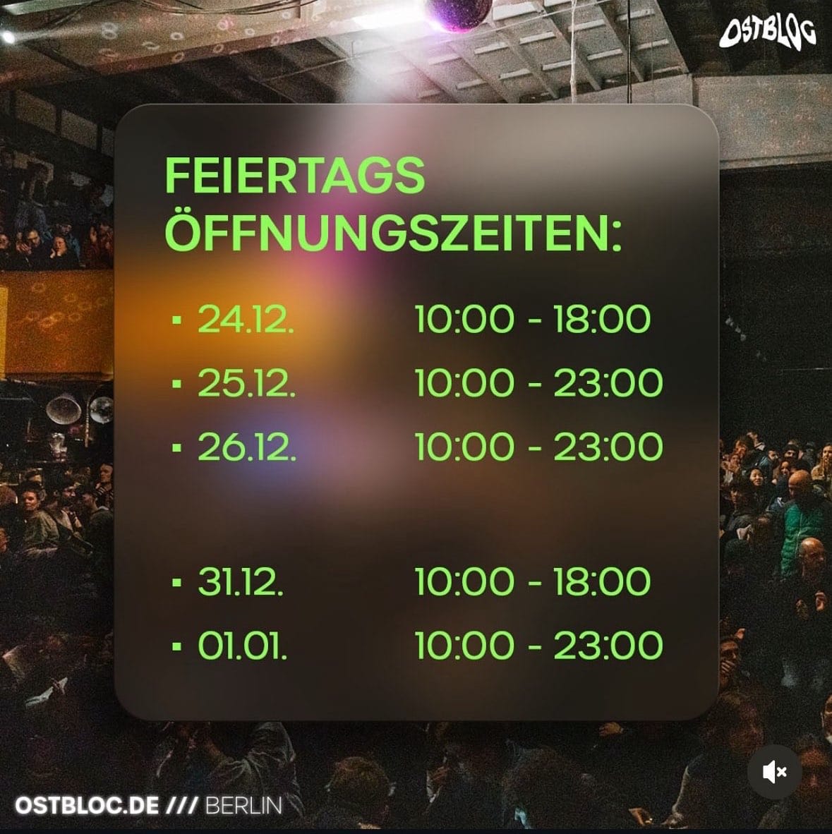 Öffnungszeiten über die Feiertage