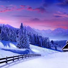 Sensation de froid avec ce paysage enneigé sur fond de sapins, montagnes et ciel rose et pourpre