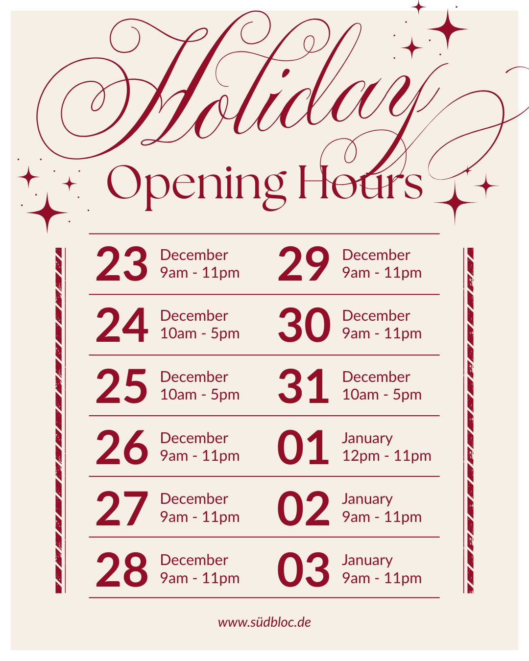 Unsere Öffnungszeiten über die Feiertage