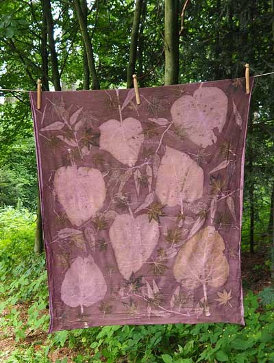 ecoprint, catalpa, Japanese maple, Italian Eucalyptus on cochenille dyed jersey
