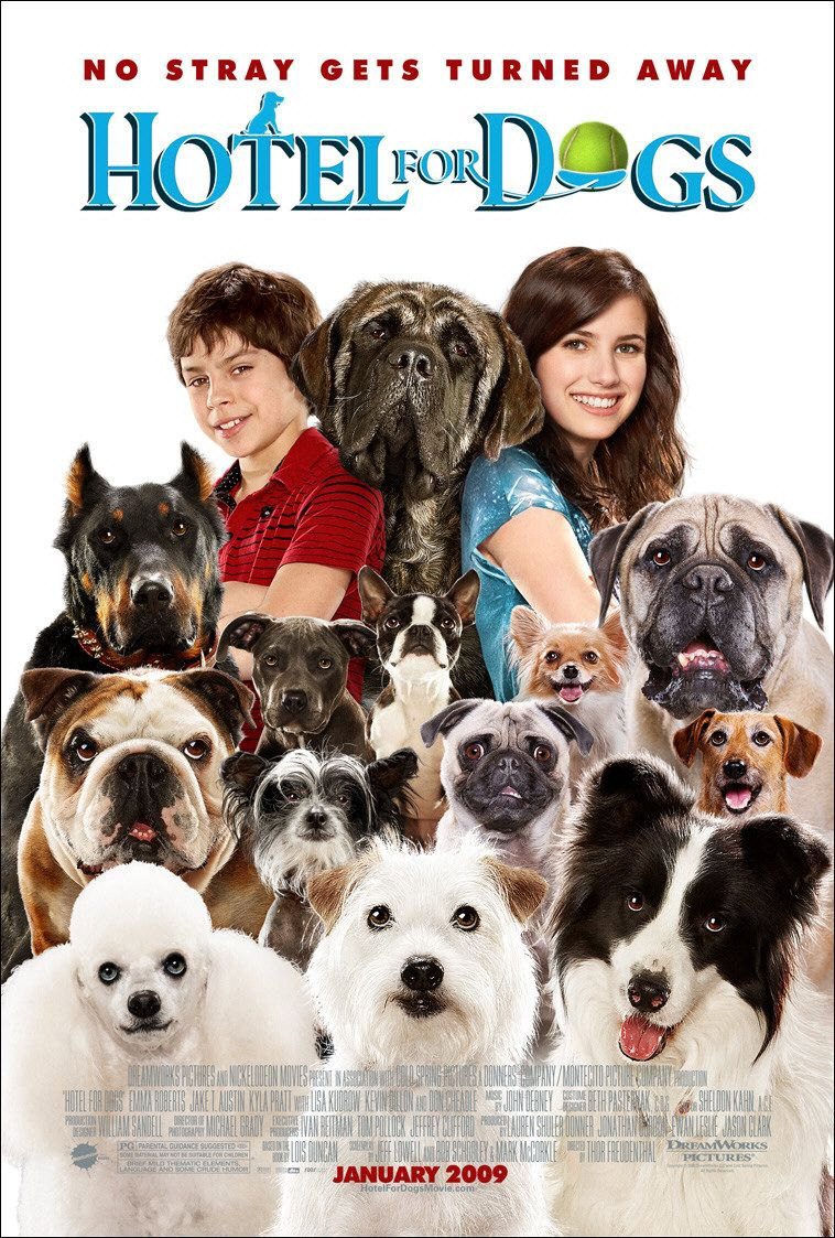 Hotel for dogs (2009) *Um hotel bom pra cachorro.  A história sobre dois adolescentes órfãos que escondem vários cachorros num hotel abandonado. Um assistente social (Don Cheadle) que vai cuidar da adoção das crianças, o que poderá separá-las dos animais.