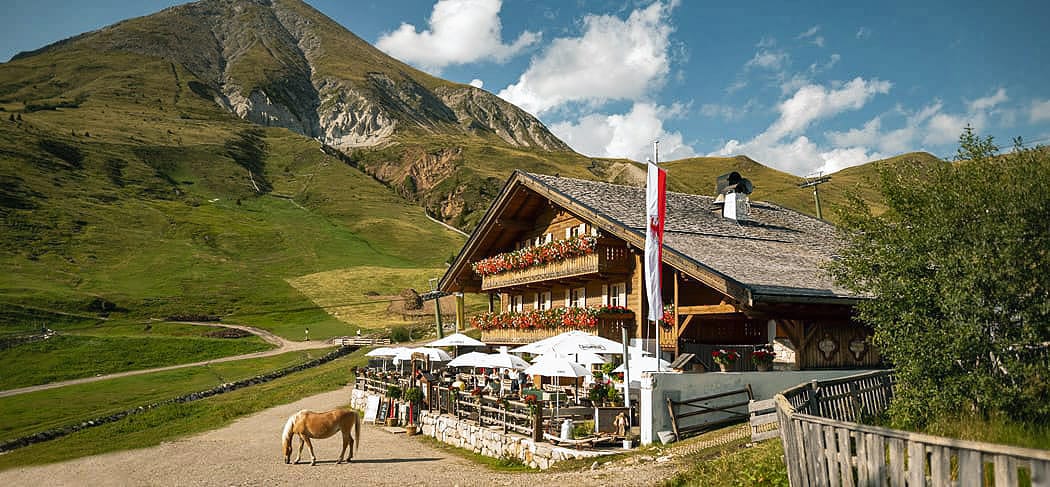 La Malga Kirchsteiger presso Merano 2000 con terrazza soleggiata, balcone fiorito e cavalli avelignesi – circondata da prati alpini e cime, ideale per escursionisti e buongustai.