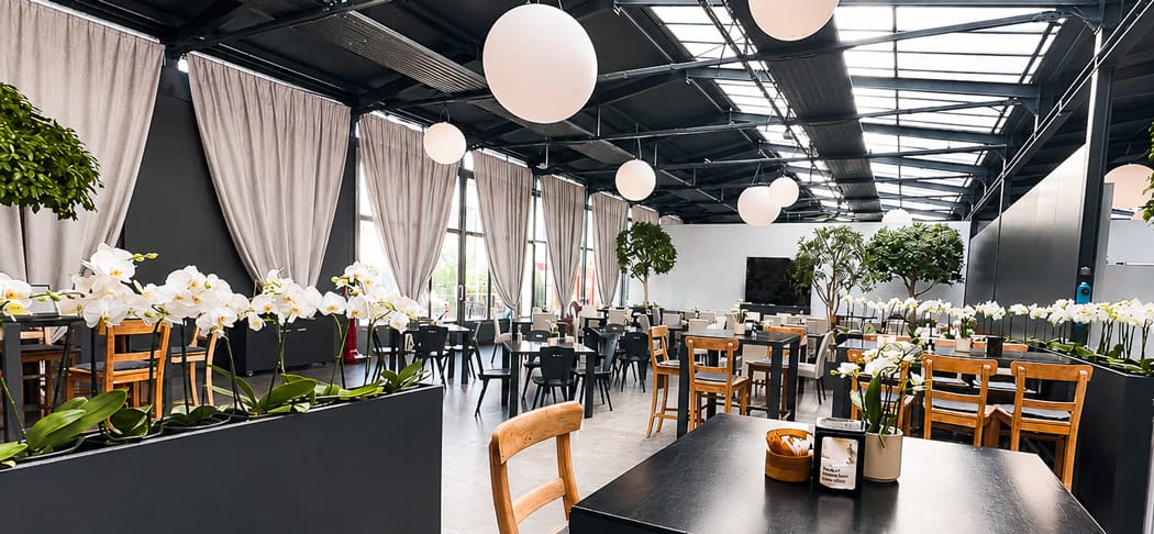 Bistro Orchidea Gargazone: locale luminoso con orchidee, tavoli moderni e un'ampia vetrata, atmosfera elegante nel mondo delle orchidee di Raffeiner