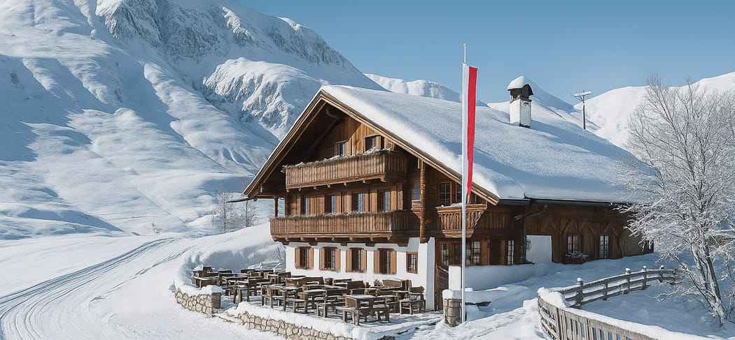 La Malga Kirchsteiger presso Merano 2000 con terrazza soleggiata e neve – circondata da piste da sci, sentieri innevati e cime, ideale per escursionisti e sciatori.