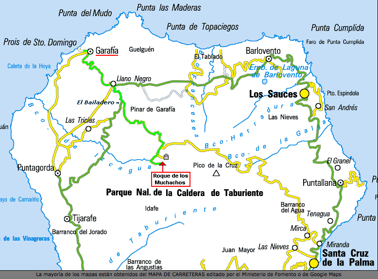 Abb.2. Lage des Roque de Los Muchachos. (Source: Mapa de carreteras, editado por el Ministerio de Formento o de Googgle Maps