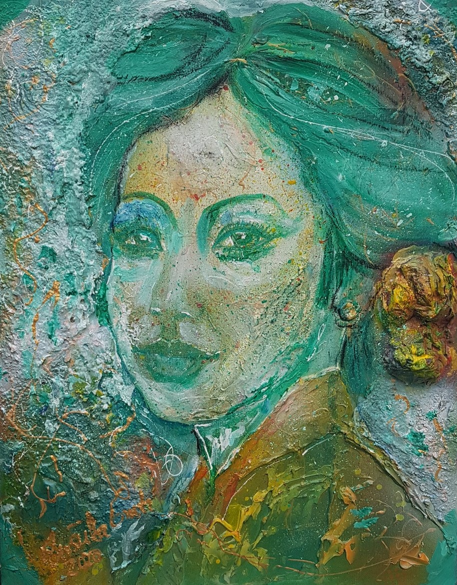 Himmalaya-pearl grace from Bhutan (Technic: Acryl, Zement, Mixed Media   auf Leinwand 39 x 49 X 1,5 cm)