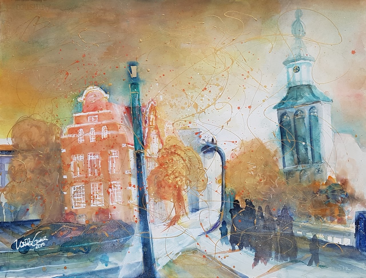 Special mood in Nordhorn-City (Technik: Aquarell/Mixed Media), Fabriano, 600 g Satinata, 56 X 76 cm)